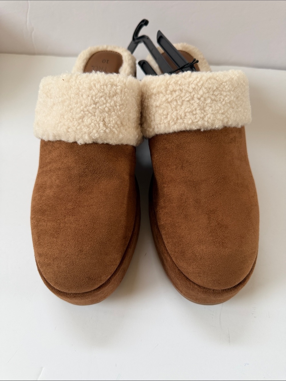 New Time and Tru Women's Faux Shearling Wedge Clogs with Memory Foam